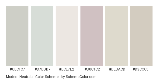 Modern Neutrals - Color scheme palette thumbnail - #cecfc7 #d7ddd7 #ece7e2 #d0c1c2 #dedacd #d3ccc0 