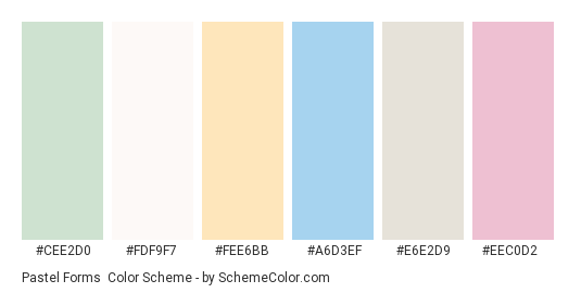 Pastel Forms - Color scheme palette thumbnail - #cee2d0 #fdf9f7 #fee6bb #a6d3ef #e6e2d9 #eec0d2 