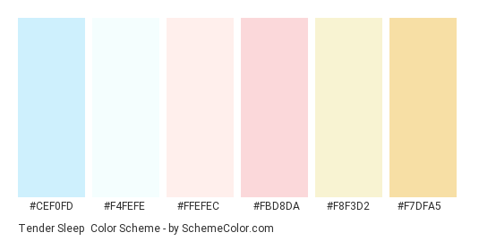 Tender Sleep - Color scheme palette thumbnail - #cef0fd #f4fefe #ffefec #fbd8da #f8f3d2 #f7dfa5 