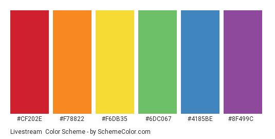 Livestream - Color scheme palette thumbnail - #cf202e #f78822 #f6db35 #6dc067 #4185be #8f499c 
