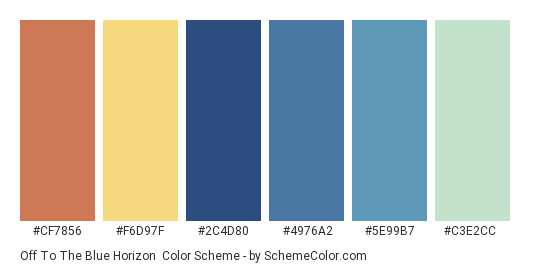 Off to the Blue Horizon - Color scheme palette thumbnail - #cf7856 #f6d97f #2c4d80 #4976a2 #5e99b7 #c3e2cc 
