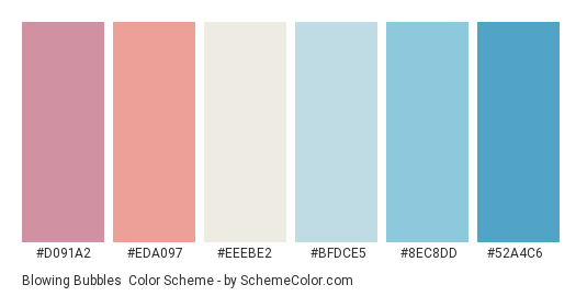 Blowing Bubbles - Color scheme palette thumbnail - #d091a2 #eda097 #eeebe2 #bfdce5 #8ec8dd #52a4c6 