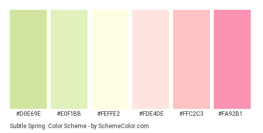 Subtle Spring - Color scheme palette thumbnail - #d0e69e #e0f1bb #feffe2 #fde4de #ffc2c3 #fa92b1 