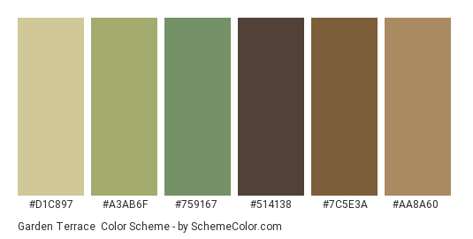 Garden Terrace - Color scheme palette thumbnail - #d1c897 #a3ab6f #759167 #514138 #7c5e3a #aa8a60 