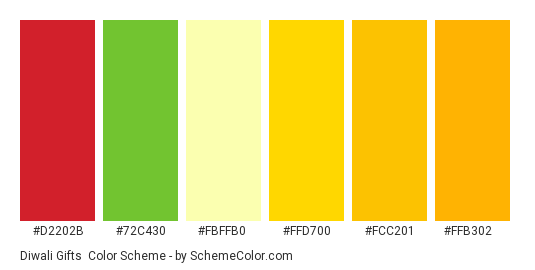 Diwali Gifts - Color scheme palette thumbnail - #d2202b #72c430 #fbffb0 #ffd700 #fcc201 #ffb302 