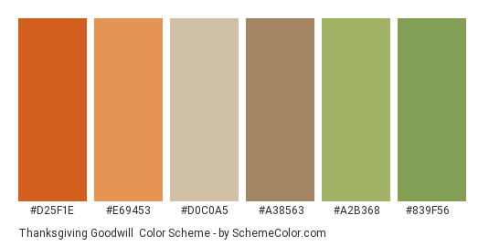 Thanksgiving Goodwill - Color scheme palette thumbnail - #d25f1e #e69453 #d0c0a5 #a38563 #a2b368 #839f56 