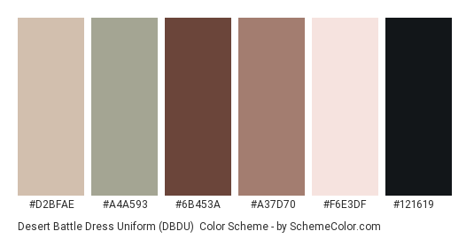 Desert Battle Dress Uniform (DBDU) - Color scheme palette thumbnail - #d2bfae #a4a593 #6b453a #a37d70 #f6e3df #121619 