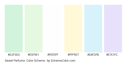Sweet Perfume - Color scheme palette thumbnail - #d2f3dc #e5f9e1 #fefeff #fff9d7 #d8f2fb #e7e1fc 