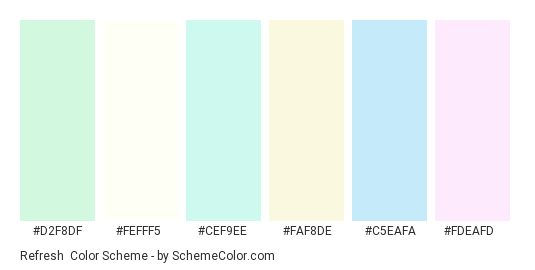 Refresh - Color scheme palette thumbnail - #d2f8df #fefff5 #cef9ee #faf8de #c5eafa #fdeafd 