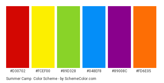 Summer Camp - Color scheme palette thumbnail - #d30702 #fcef00 #89d328 #048ef8 #89008c #fd6e05 