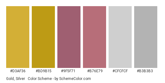 Gold, Silver & Rose Gold - Color scheme palette thumbnail - #d3af36 #bd9b15 #9f5f71 #b76e79 #cfcfcf #b3b3b3 