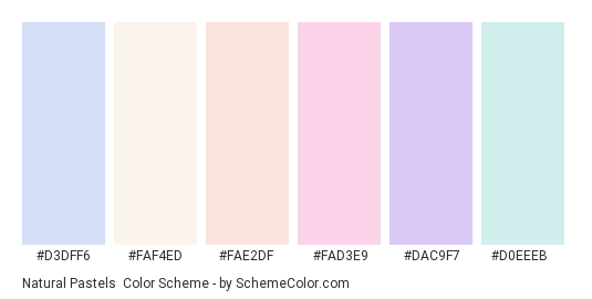 Natural Pastels - Color scheme palette thumbnail - #d3dff6 #faf4ed #fae2df #fad3e9 #dac9f7 #d0eeeb 