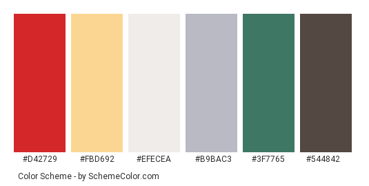 Christmas Candle - Color scheme palette thumbnail - #d42729 #fbd692 #efecea #b9bac3 #3f7765 #544842 