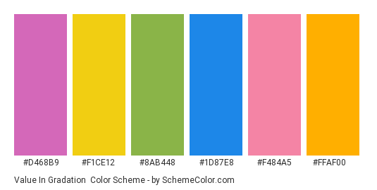 Value in Gradation - Color scheme palette thumbnail - #d468b9 #f1ce12 #8ab448 #1d87e8 #f484a5 #ffaf00 