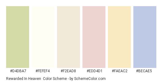 Rewarded In Heaven - Color scheme palette thumbnail - #d4dba7 #fefef4 #f2ead8 #edd4d1 #faeac2 #becae5 