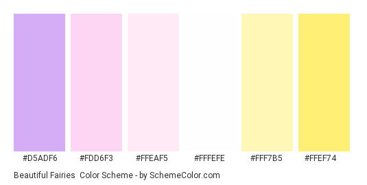 Beautiful Fairies - Color scheme palette thumbnail - #d5adf6 #fdd6f3 #ffeaf5 #fffefe #fff7b5 #ffef74 