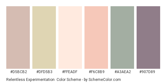 Relentless Experimentation - Color scheme palette thumbnail - #d5bcb2 #dfd5b3 #ffeadf #f6c8b9 #a3aea2 #907d89 
