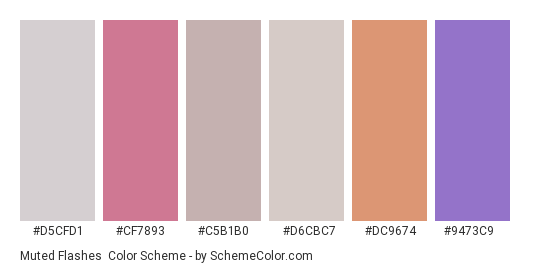 Muted Flashes - Color scheme palette thumbnail - #d5cfd1 #cf7893 #c5b1b0 #d6cbc7 #dc9674 #9473c9 