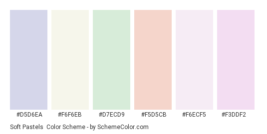 Soft Pastels - Color scheme palette thumbnail - #d5d6ea #f6f6eb #d7ecd9 #f5d5cb #f6ecf5 #f3ddf2 