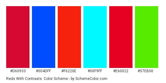 Reds with Contrasts - Color scheme palette thumbnail - #d60933 #004dff #f6220e #00f9ff #e60022 #57eb00 
