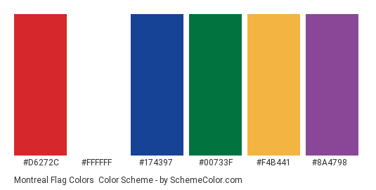 Montreal Flag Colors - Color scheme palette thumbnail - #d6272c #ffffff #174397 #00733f #f4b441 #8a4798 