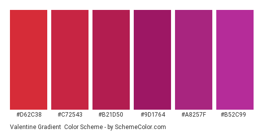Valentine Gradient - Color scheme palette thumbnail - #d62c38 #c72543 #b21d50 #9d1764 #a8257f #b52c99 