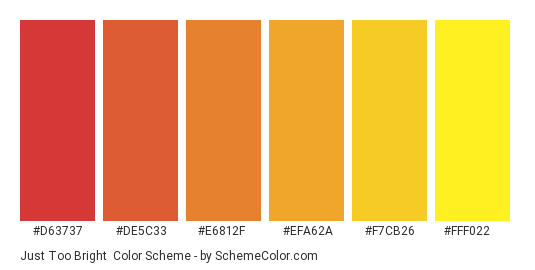 Just Too Bright - Color scheme palette thumbnail - #d63737 #de5c33 #e6812f #efa62a #f7cb26 #fff022 