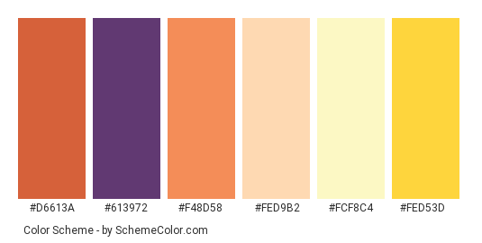 Beautiful Clouds - Color scheme palette thumbnail - #d6613a #613972 #f48d58 #fed9b2 #fcf8c4 #fed53d 