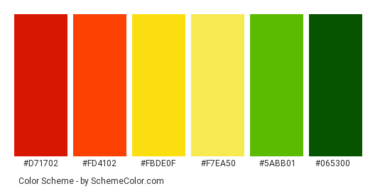 Chewy Bears - Color scheme palette thumbnail - #d71702 #fd4102 #fbde0f #f7ea50 #5abb01 #065300 
