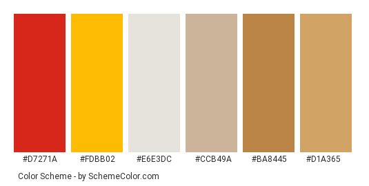 Santa’s Secrets - Color scheme palette thumbnail - #d7271a #fdbb02 #e6e3dc #ccb49a #ba8445 #d1a365 
