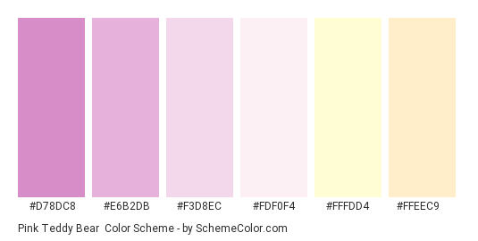 Pink Teddy Bear - Color scheme palette thumbnail - #d78dc8 #e6b2db #f3d8ec #fdf0f4 #fffdd4 #ffeec9 