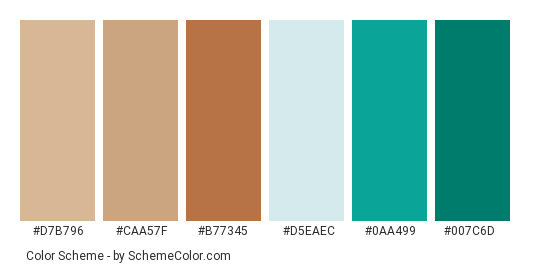 Sea Meets Sand - Color scheme palette thumbnail - #d7b796 #caa57f #b77345 #d5eaec #0aa499 #007c6d 