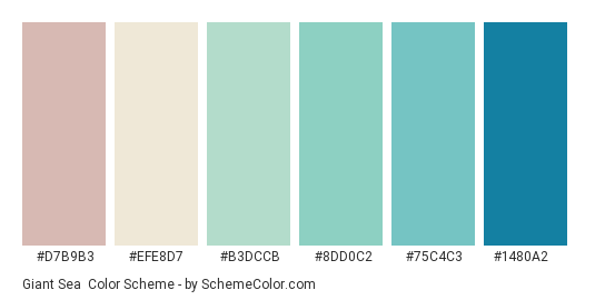 Giant Sea - Color scheme palette thumbnail - #d7b9b3 #efe8d7 #b3dccb #8dd0c2 #75c4c3 #1480a2 
