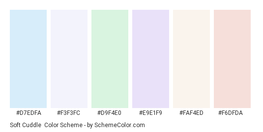 Soft Cuddle - Color scheme palette thumbnail - #d7edfa #f3f3fc #d9f4e0 #e9e1f9 #faf4ed #f6dfda 