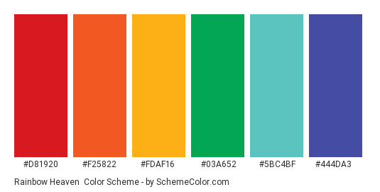 Rainbow Heaven - Color scheme palette thumbnail - #d81920 #f25822 #fdaf16 #03a652 #5bc4bf #444da3 