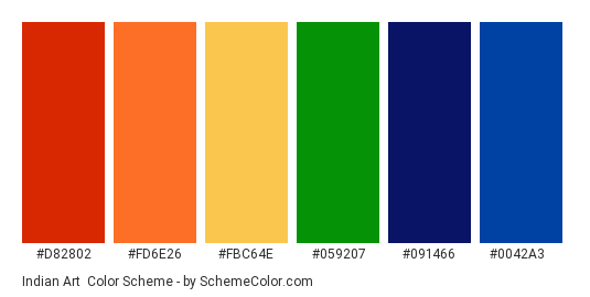 Indian Art - Color scheme palette thumbnail - #d82802 #fd6e26 #fbc64e #059207 #091466 #0042a3 