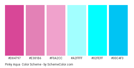 Pinky Aqua - Color scheme palette thumbnail - #d84797 #e381b6 #f0a2cc #a2ffff #02feff #00c4f3 