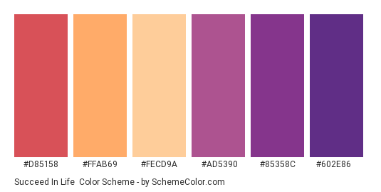 Succeed in Life - Color scheme palette thumbnail - #d85158 #ffab69 #fecd9a #ad5390 #85358c #602e86 