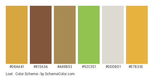 Lost & Found - Color scheme palette thumbnail - #d8a641 #81563a #a88b53 #92c351 #dddbd1 #e7b33e 