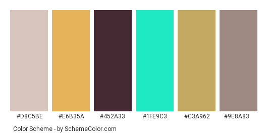 Colorful Pebbles - Color scheme palette thumbnail - #d8c5be #e6b35a #452a33 #1fe9c3 #c3a962 #9e8a83 