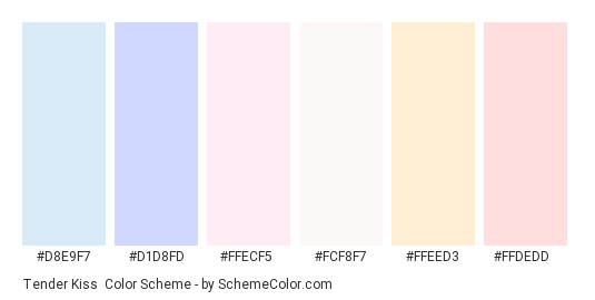 Tender Kiss - Color scheme palette thumbnail - #d8e9f7 #d1d8fd #ffecf5 #fcf8f7 #ffeed3 #ffdedd 