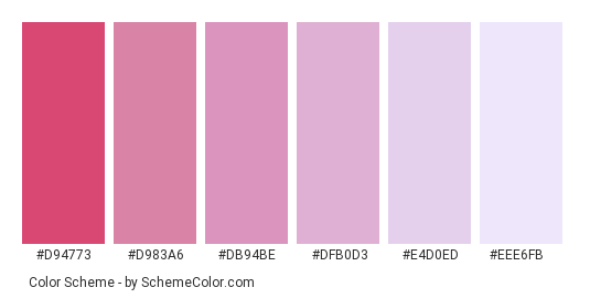 Cherry Blossom Flowers - Color scheme palette thumbnail - #d94773 #d983a6 #db94be #dfb0d3 #e4d0ed #eee6fb 