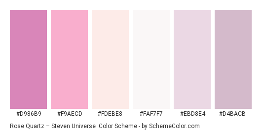 Rose Quartz – Steven Universe - Color scheme palette thumbnail - #d986b9 #f9aecd #fdebe8 #faf7f7 #ebd8e4 #d4bacb 