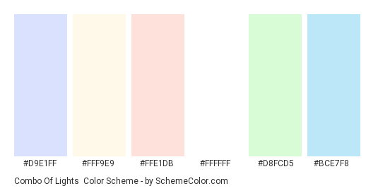 Combo of Lights - Color scheme palette thumbnail - #d9e1ff #fff9e9 #ffe1db #ffffff #d8fcd5 #bce7f8 