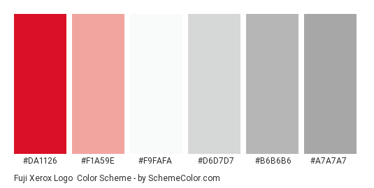 Fuji Xerox Logo - Color scheme palette thumbnail - #da1126 #f1a59e #f9fafa #d6d7d7 #b6b6b6 #a7a7a7 