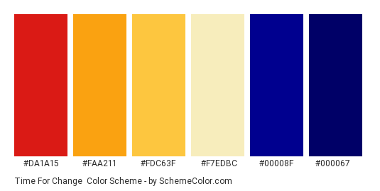 Time for Change - Color scheme palette thumbnail - #da1a15 #faa211 #fdc63f #f7edbc #00008f #000067 
