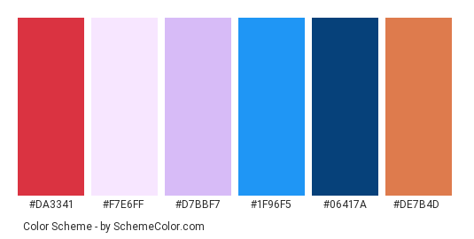 Winter Woolens - Color scheme palette thumbnail - #da3341 #f7e6ff #d7bbf7 #1f96f5 #06417a #de7b4d 