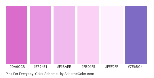 Pink For Everyday - Color scheme palette thumbnail - #da6ccb #e794e1 #f1baee #fbd1f5 #fef0ff #7E6BC4 
