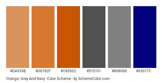 Orange, Grey and Navy - Color scheme palette thumbnail - #da935b #d6782f #c85502 #515151 #808080 #03017c 