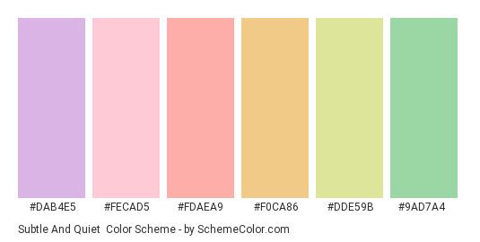 Subtle and Quiet - Color scheme palette thumbnail - #dab4e5 #fecad5 #fdaea9 #f0ca86 #dde59b #9ad7a4 